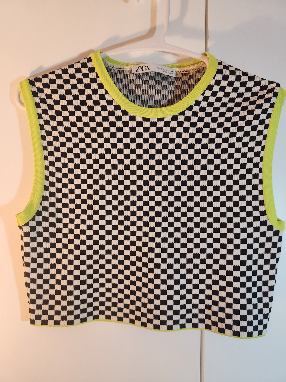 Zara Black & White Checker Crop Sweater with Neon Yellow Trim